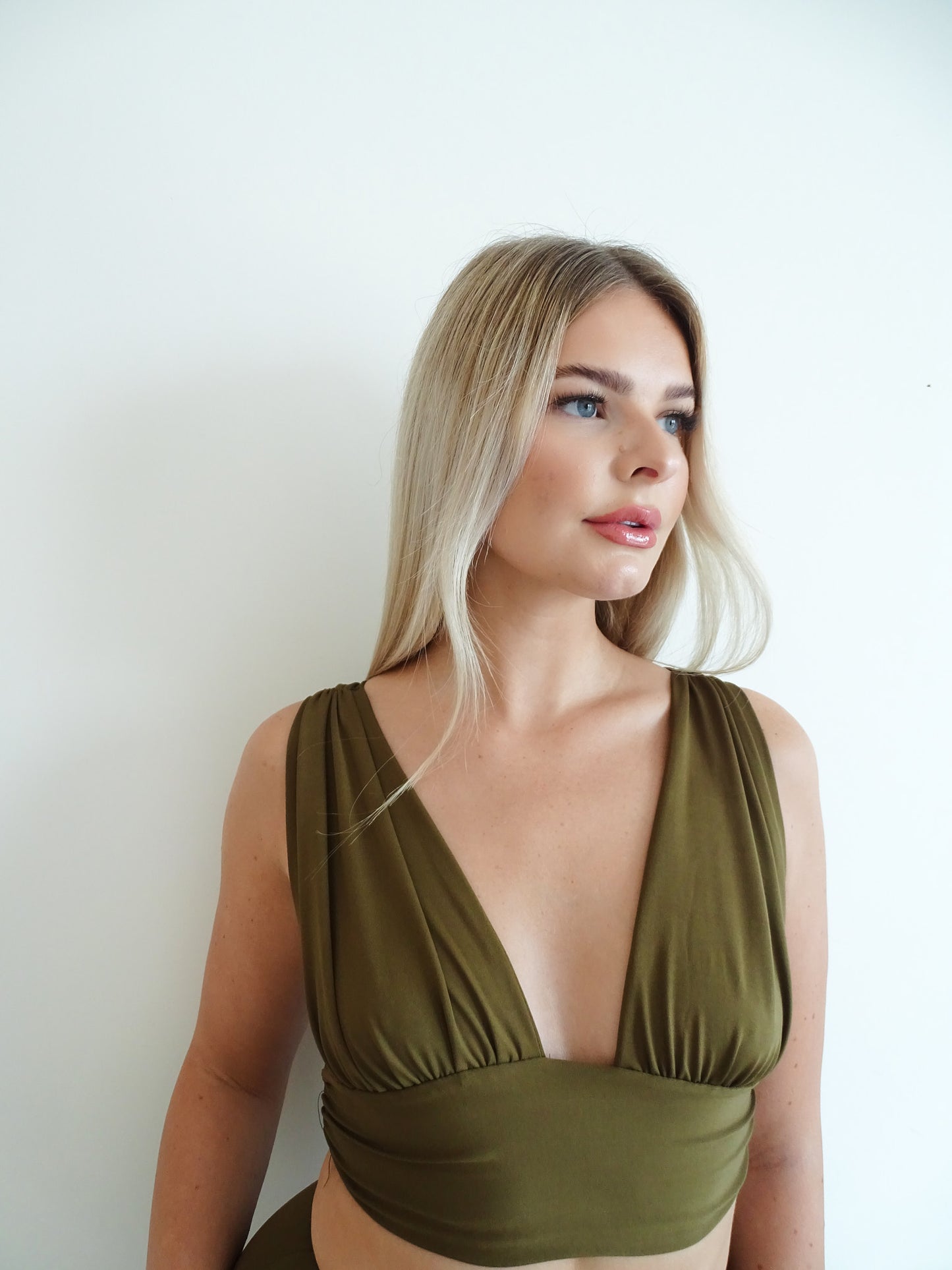 Olive Green Plunge Crop Top & Flared Trousers Coord