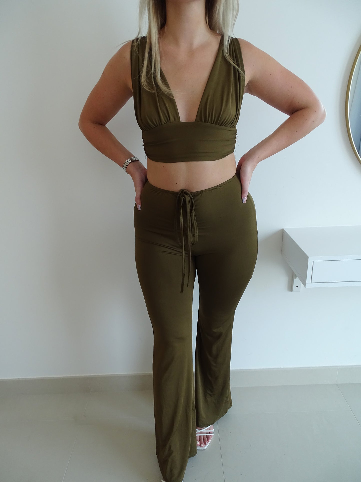 Olive Green Plunge Crop Top & Flared Trousers Coord