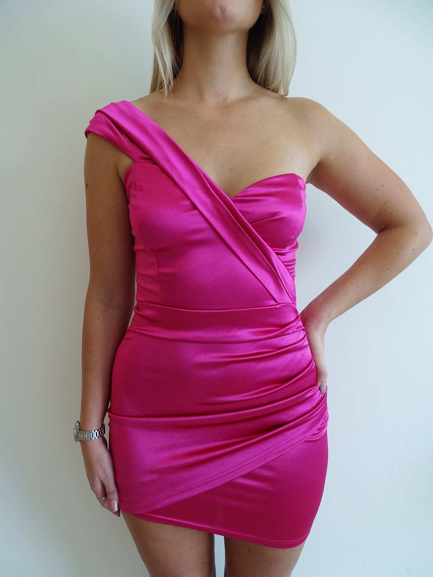 Hot Pink One Shoulder Satin Wrap Mini Dress