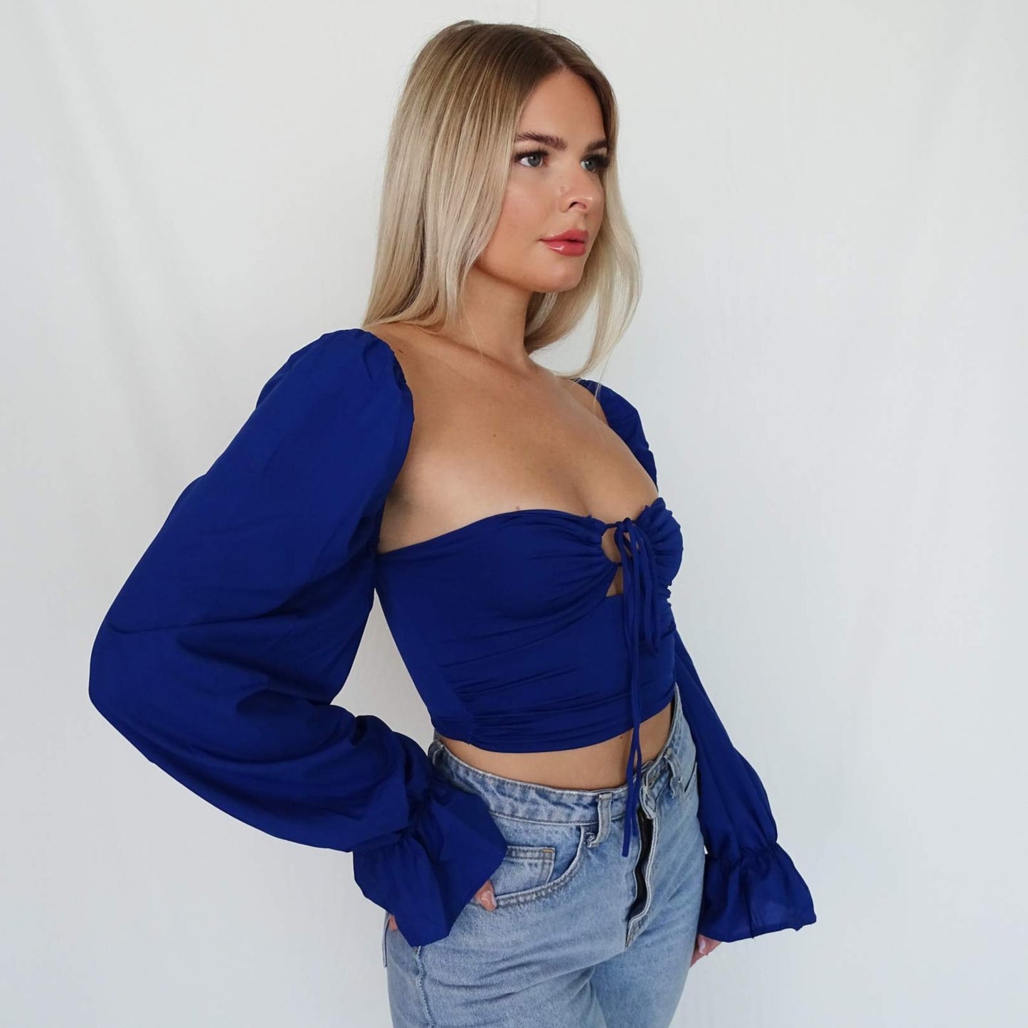 Royal Blue Lantern Sleeve Lace Up Front Crop Top