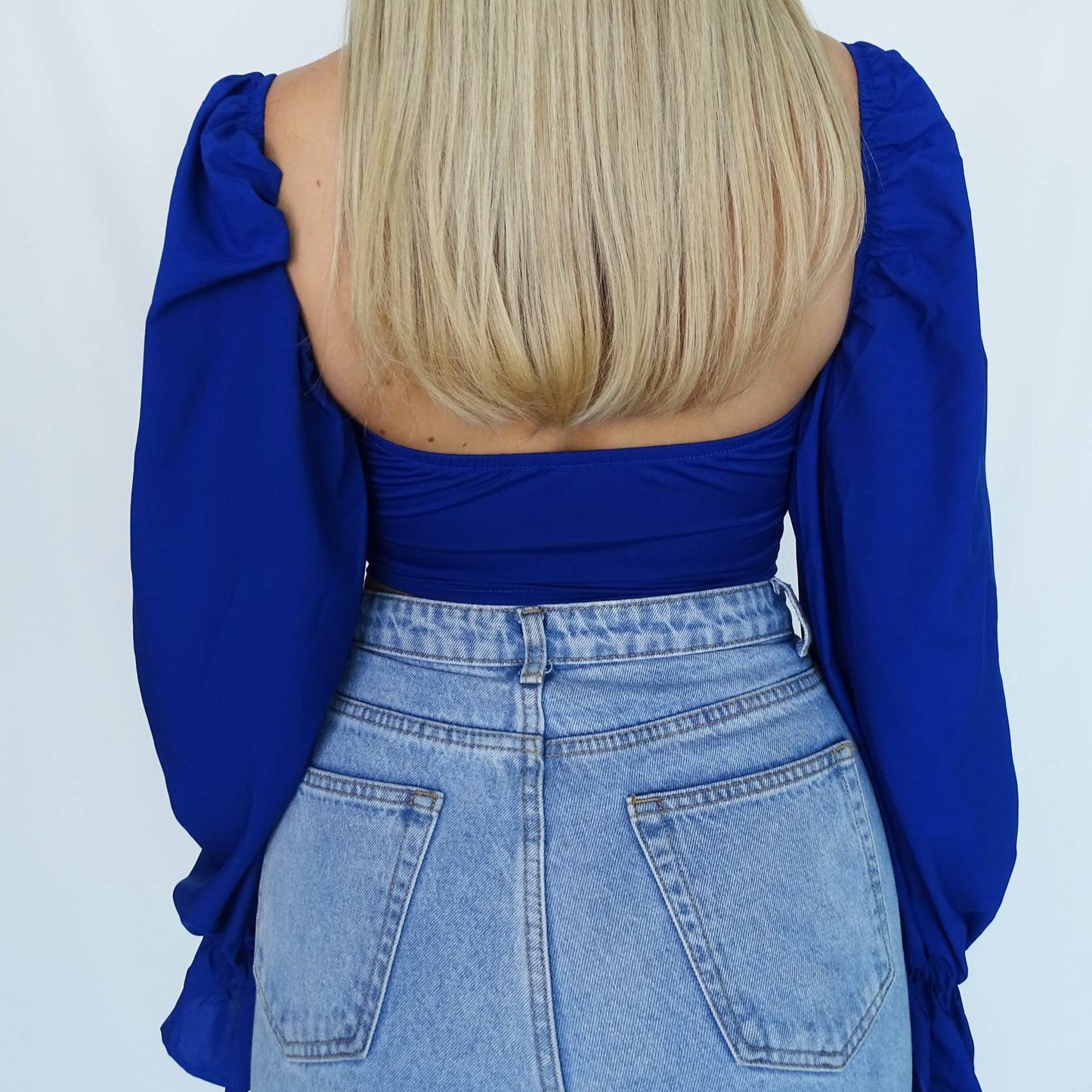 Royal Blue Lantern Sleeve Lace Up Front Crop Top