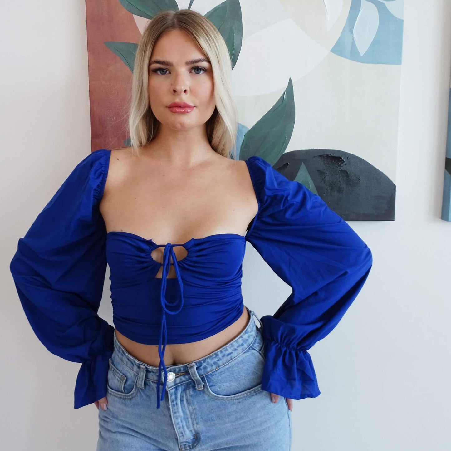 Royal Blue Lantern Sleeve Lace Up Front Crop Top