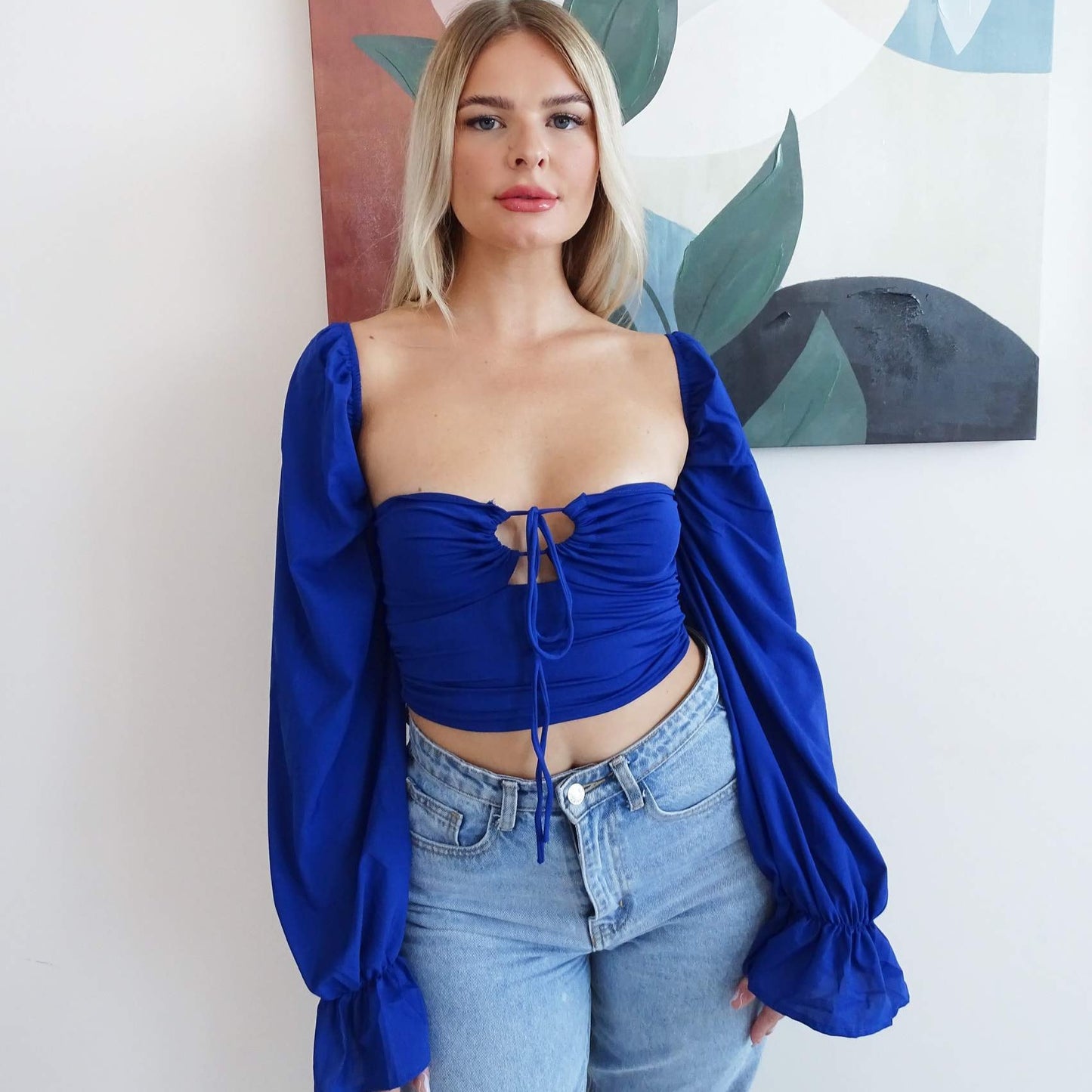 Royal Blue Lantern Sleeve Lace Up Front Crop Top