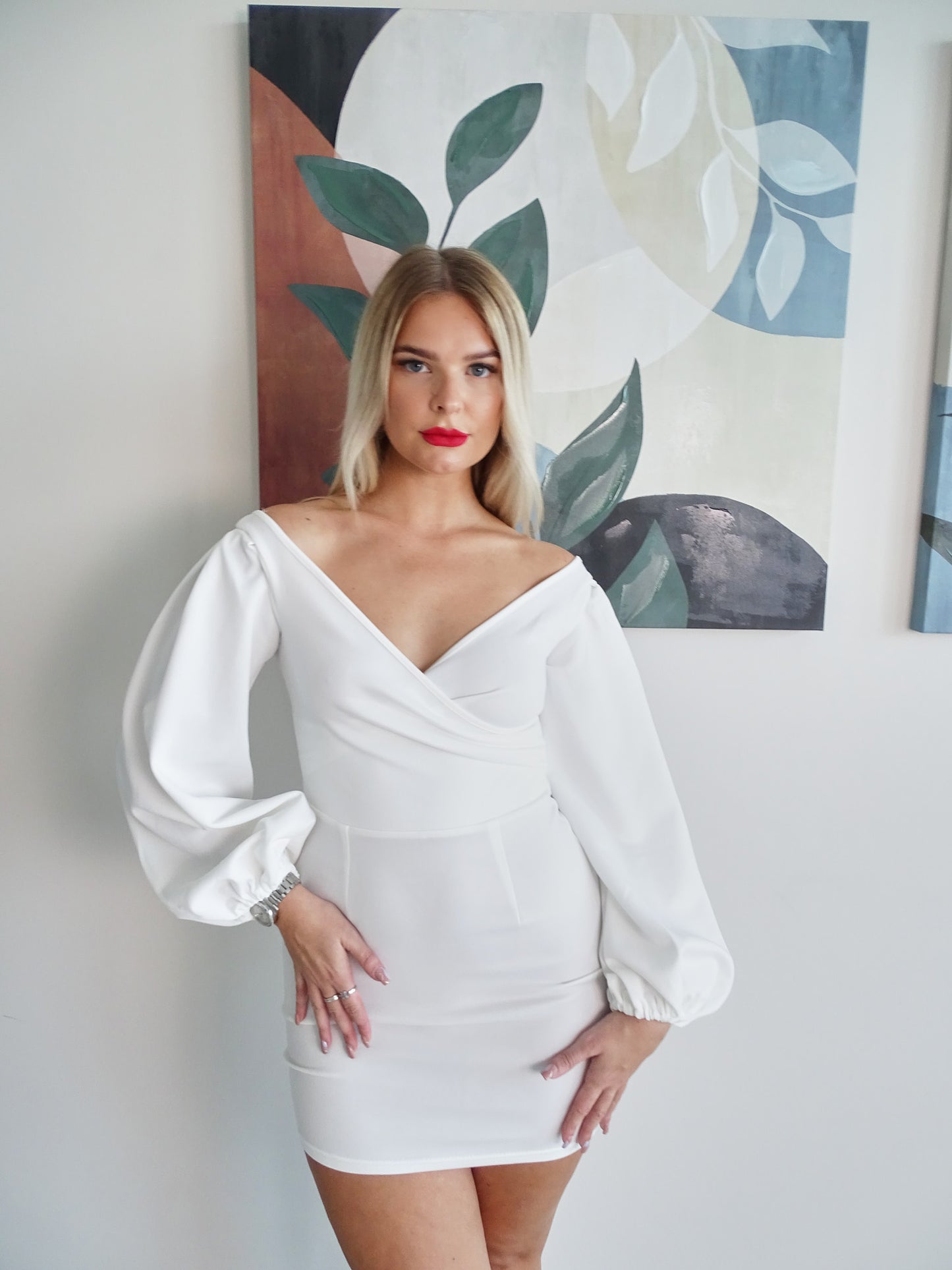 White Off The Shoulder Lantern Long Sleeve Bodycon Mini Dress