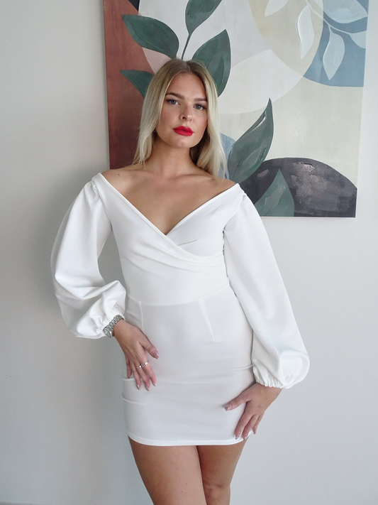 White Off The Shoulder Lantern Long Sleeve Bodycon Mini Dress