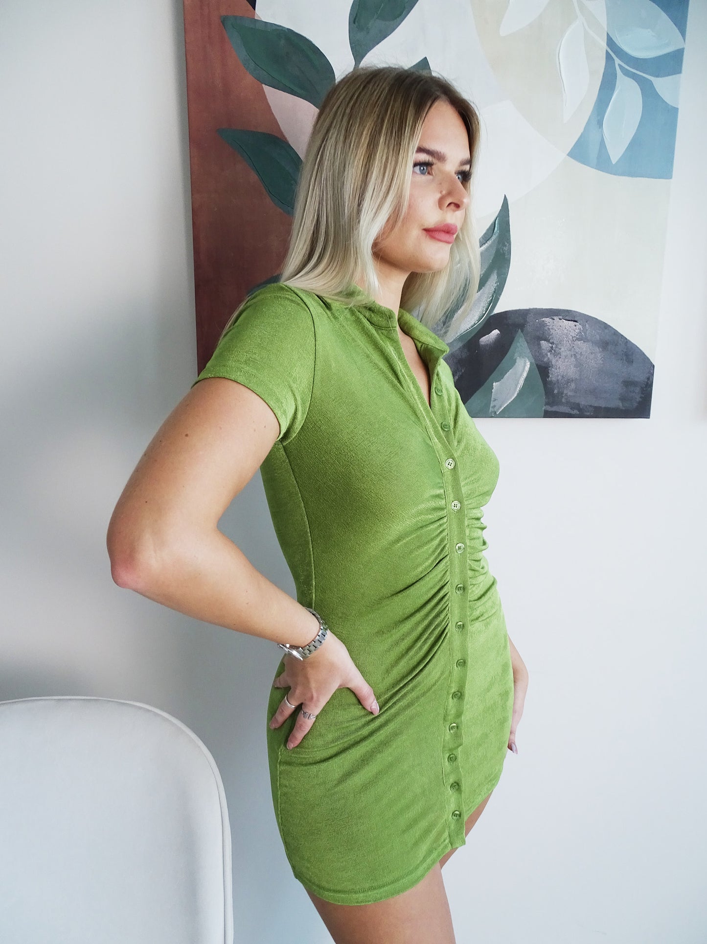 Green Polo Collar Button Up Mini Dress