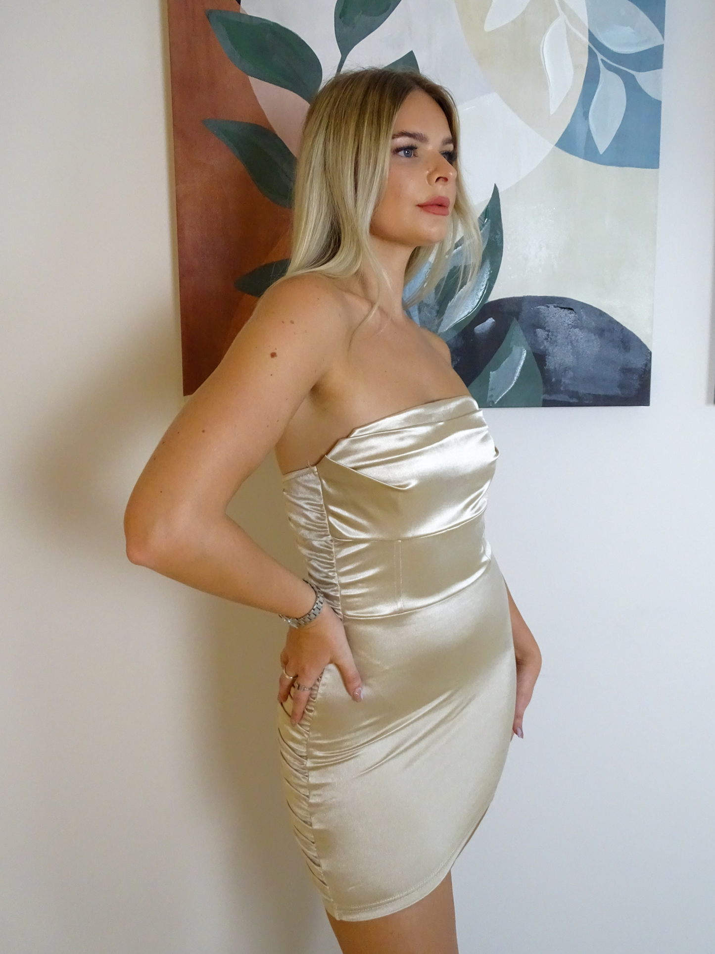 Champaign Gold Satin Bodycon Bandeau Mini Dress