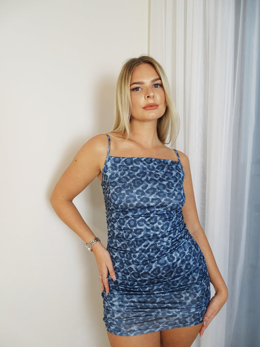 Blue Leopard Print Strappy Mini Dress