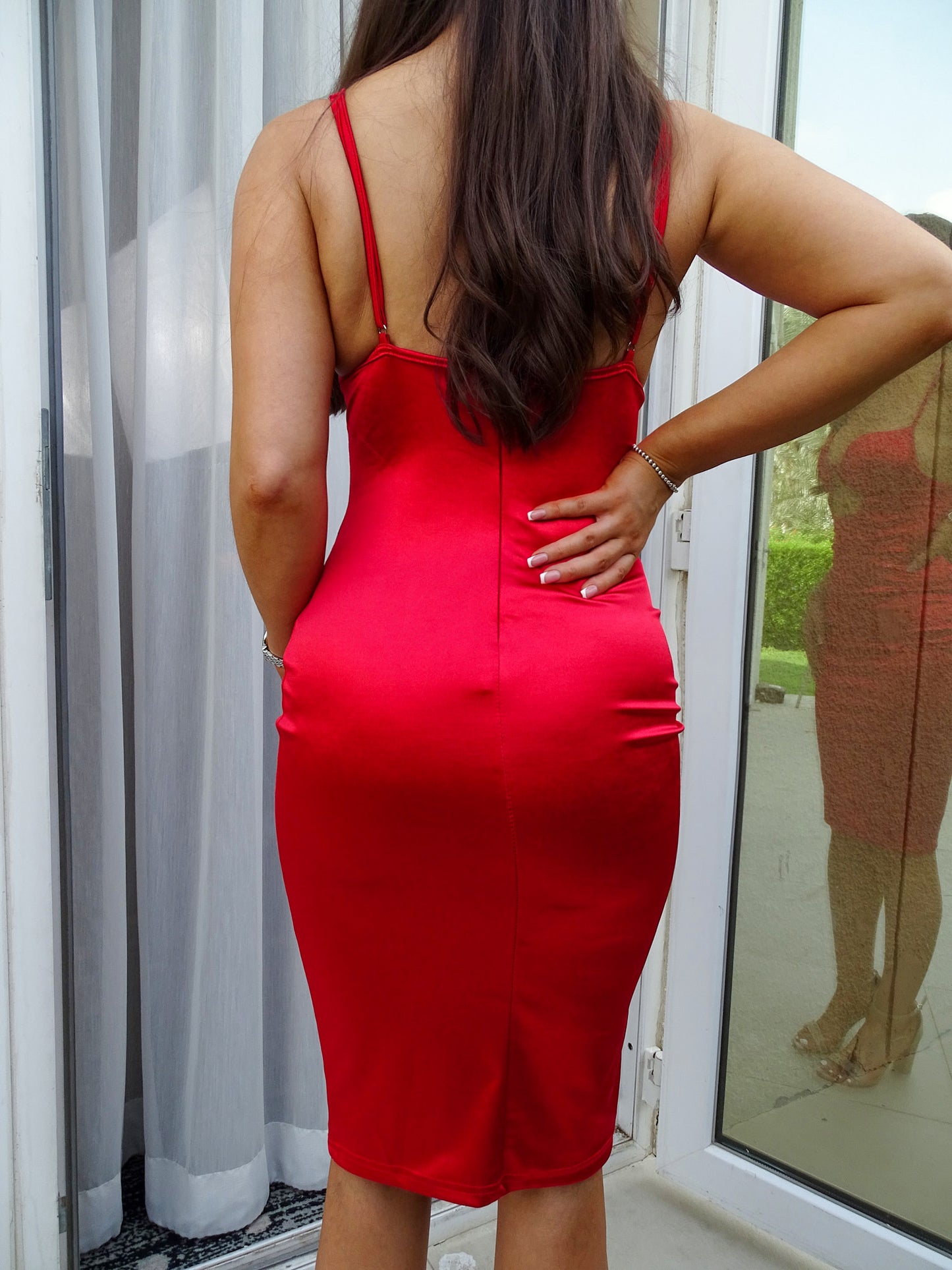 Red Under Bust Cutout Satin Bodycon Midi Dress