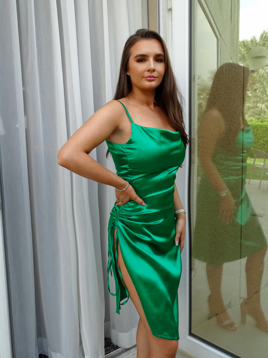 Green Thick Satin Flowy Drawstring Midi Dress