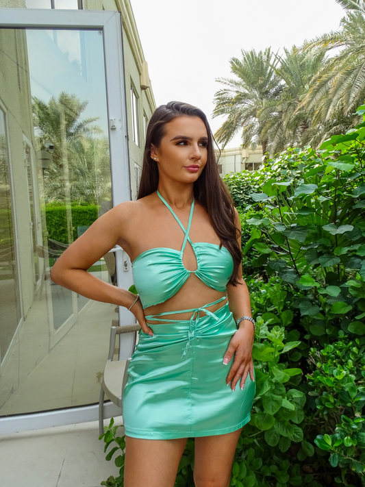 Green Halterneck Drawstring Bralet & Mini Skirt Satin Coord