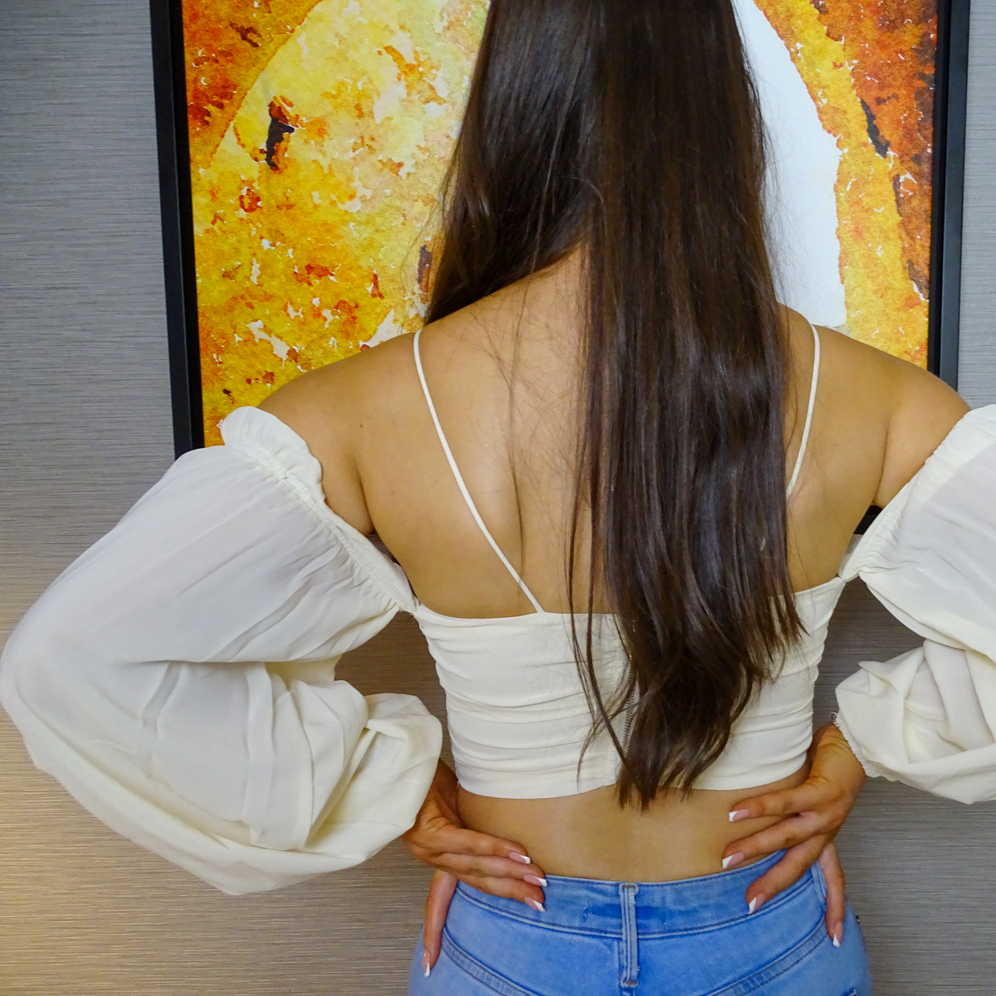 Cream Lantern Chiffon Lantern Sleeve Off The Shoulder Crop Top