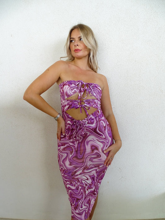 Purple Abstract Print Tie Front Bandeau Midi Dress