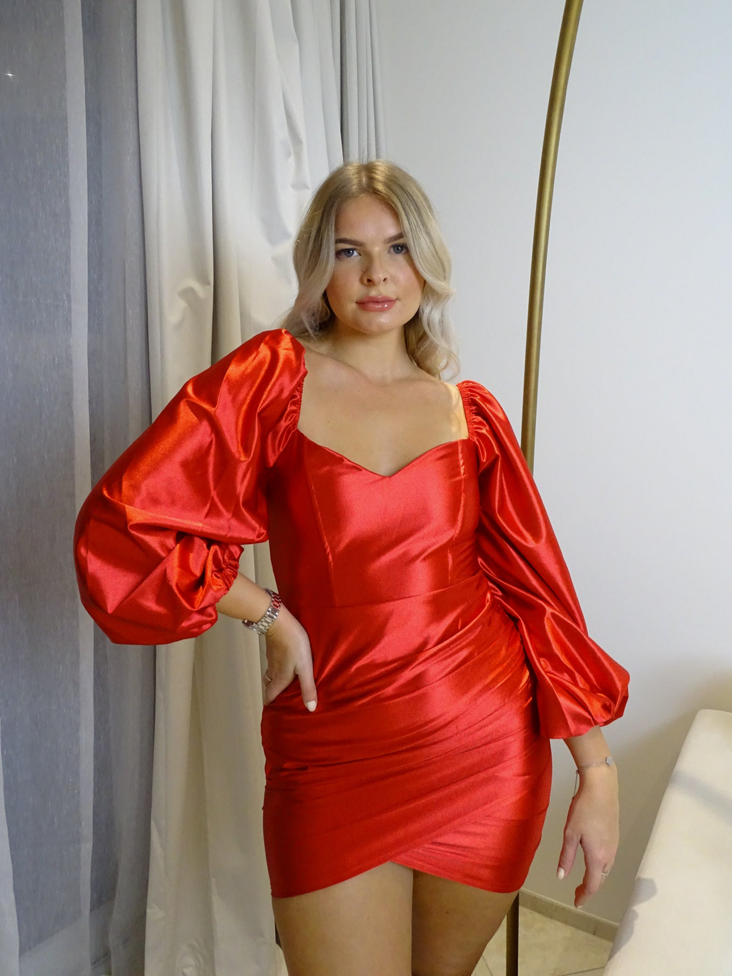 Red Lantern Long Sleeve Sweetheart Neck line Thick Satin Mini Dress