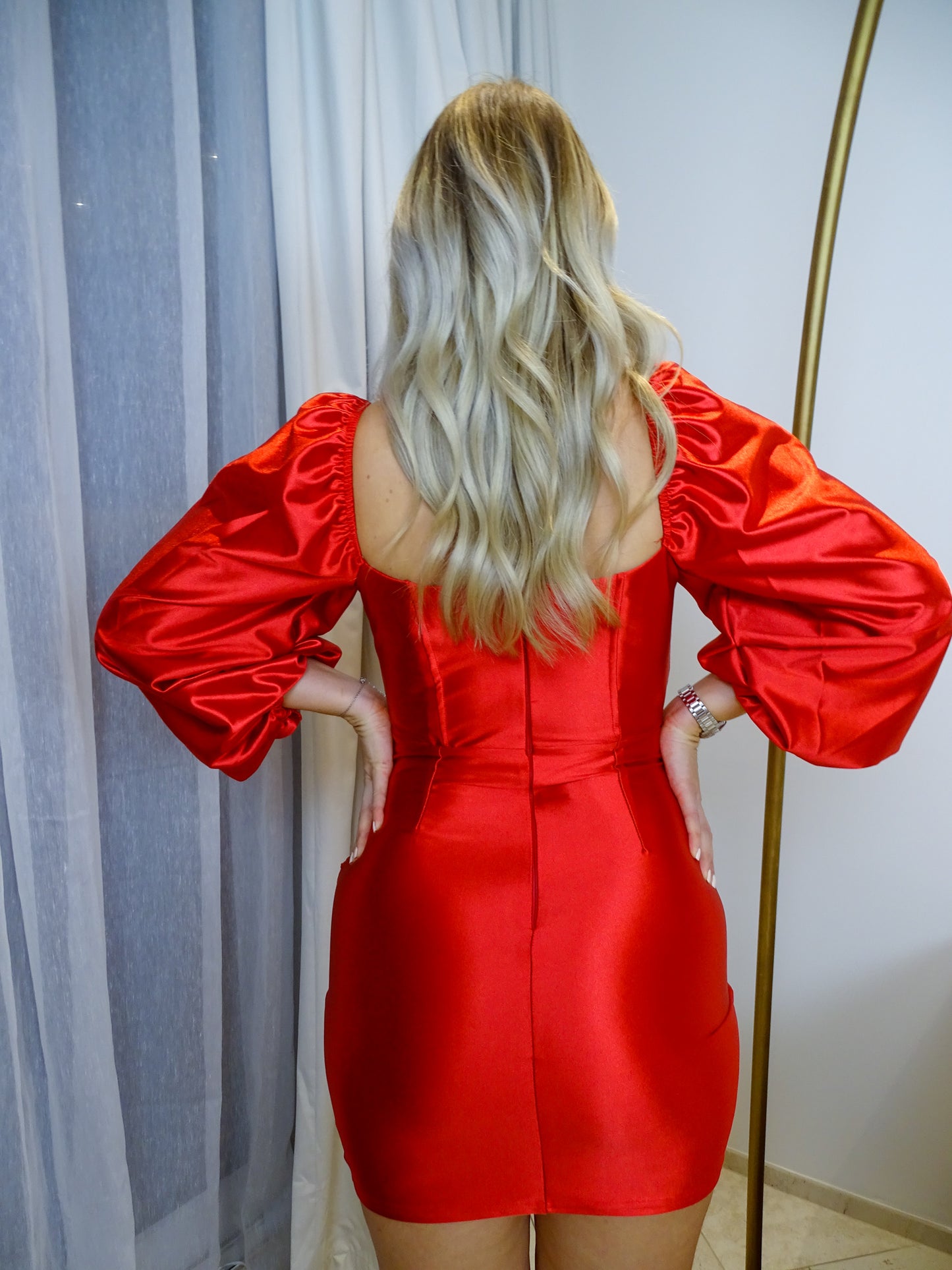 Red Lantern Long Sleeve Sweetheart Neck line Thick Satin Mini Dress