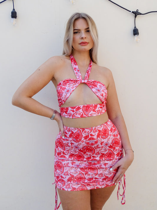 Pink Butterfly Paisley Print Crop Halter Neck & Mini Skirt Coord