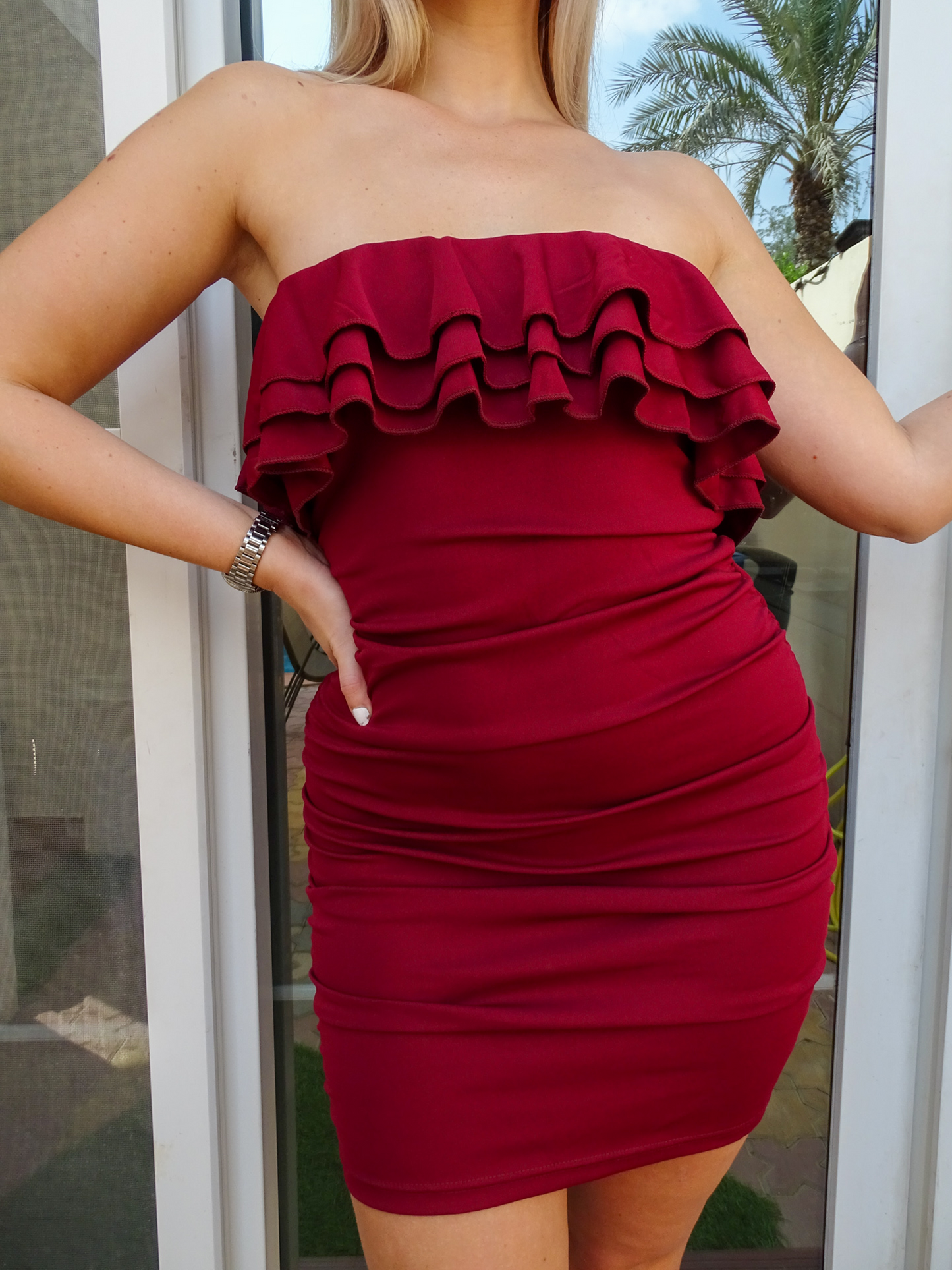 Burgundy Red Ruffle Front Bandeau Mini Dress