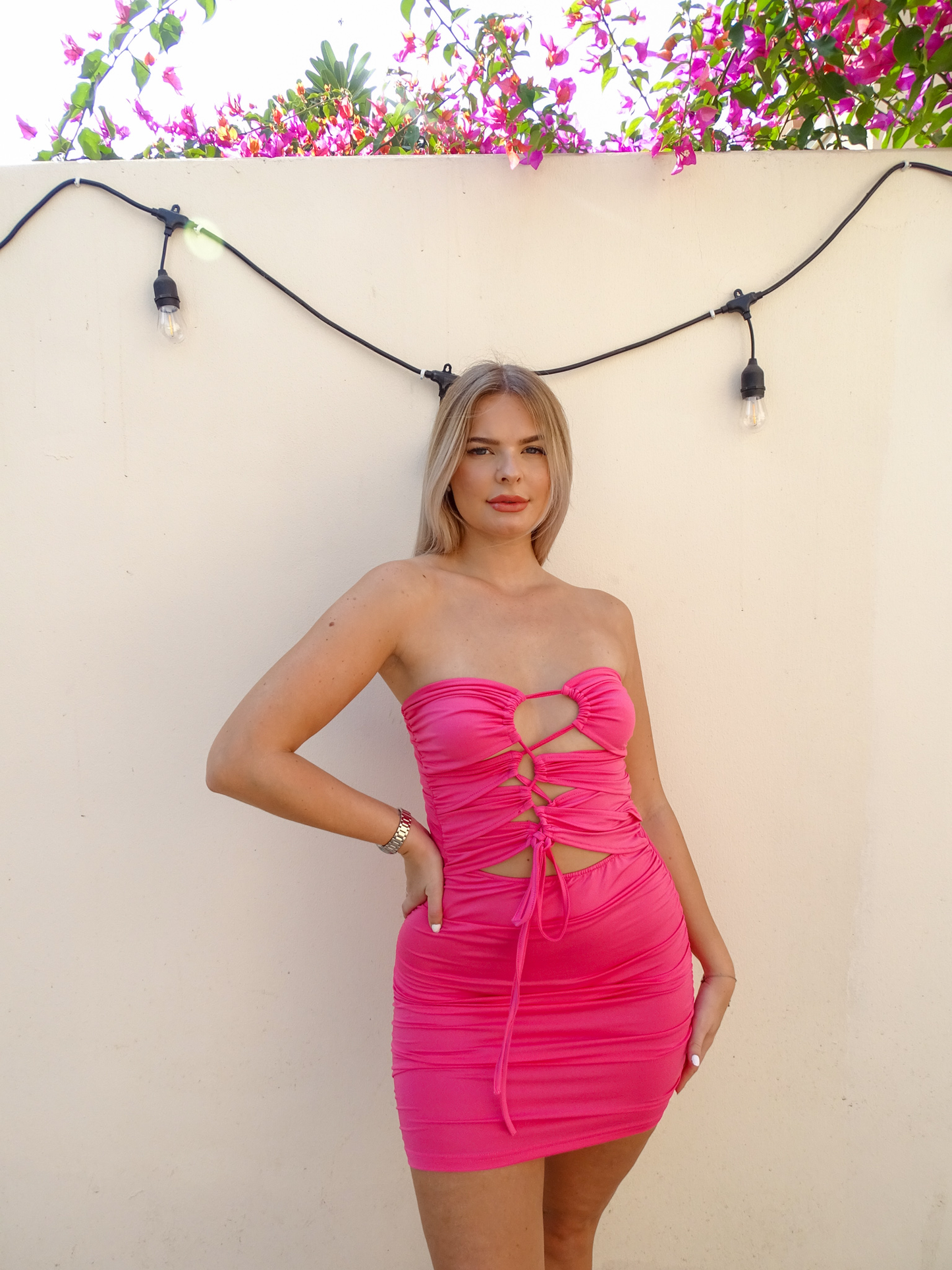 Hot Pink Lace Up Front Rushed Bandeau Mini Dress