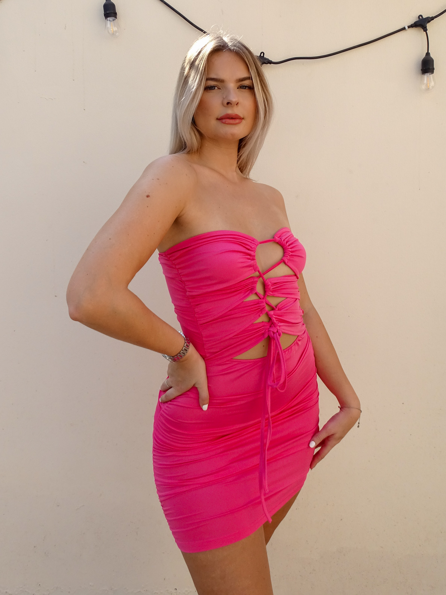 Hot Pink Lace Up Front Rushed Bandeau Mini Dress