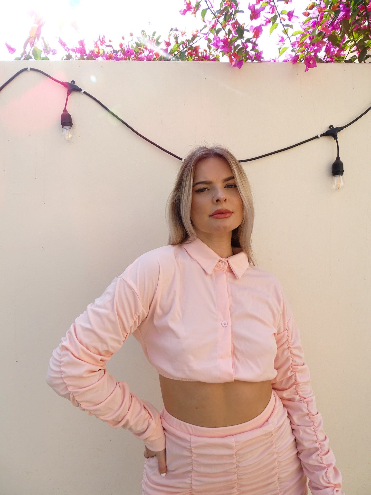 Pastel Pink Elastic Waist Crop Shirt & Rushed Mini Zip Up Skirt