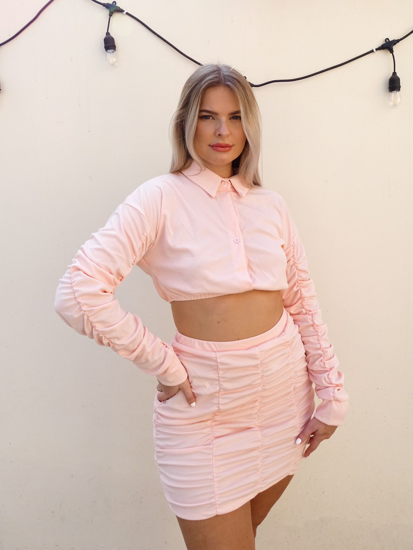 Pastel Pink Elastic Waist Crop Shirt & Rushed Mini Zip Up Skirt