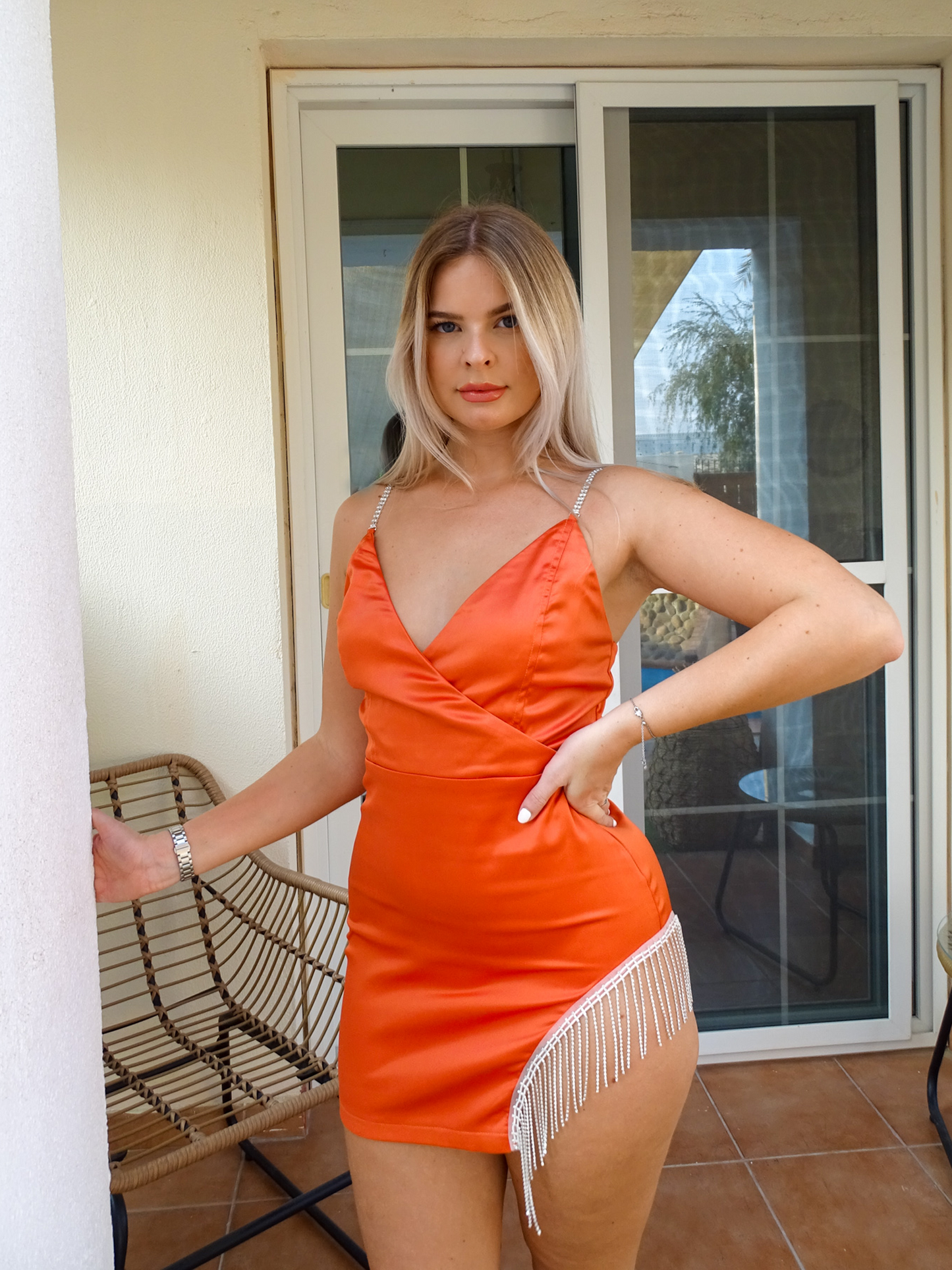 Orange Gem Tassel Satin Mini Dress