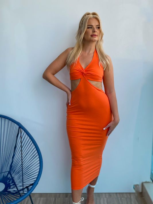 Tangerine Orange Halterneck Cutout Tie Back Midi Dress