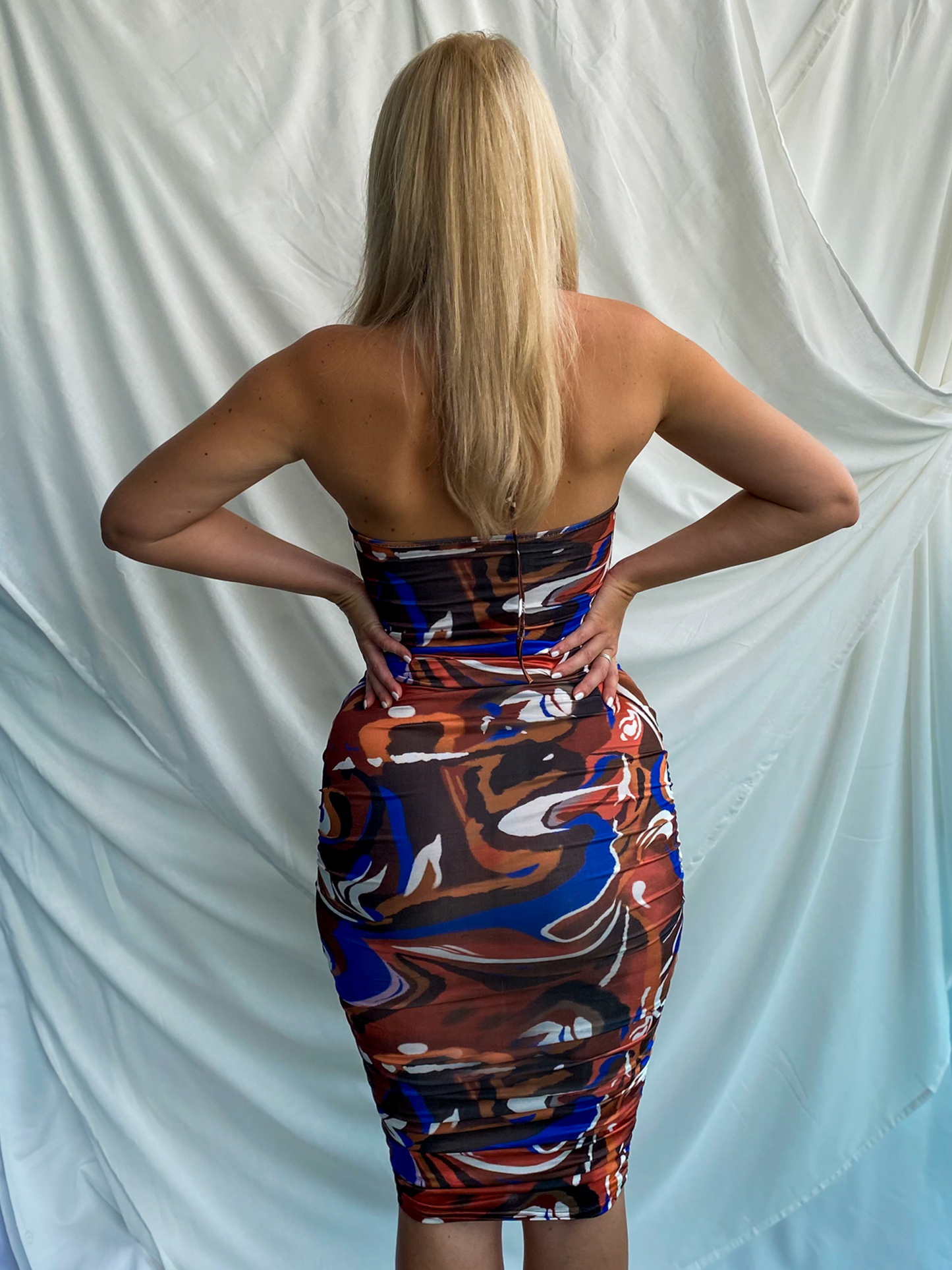 Brown Multi-Color Abstract Halter Neck Structured Bust Midi Dress