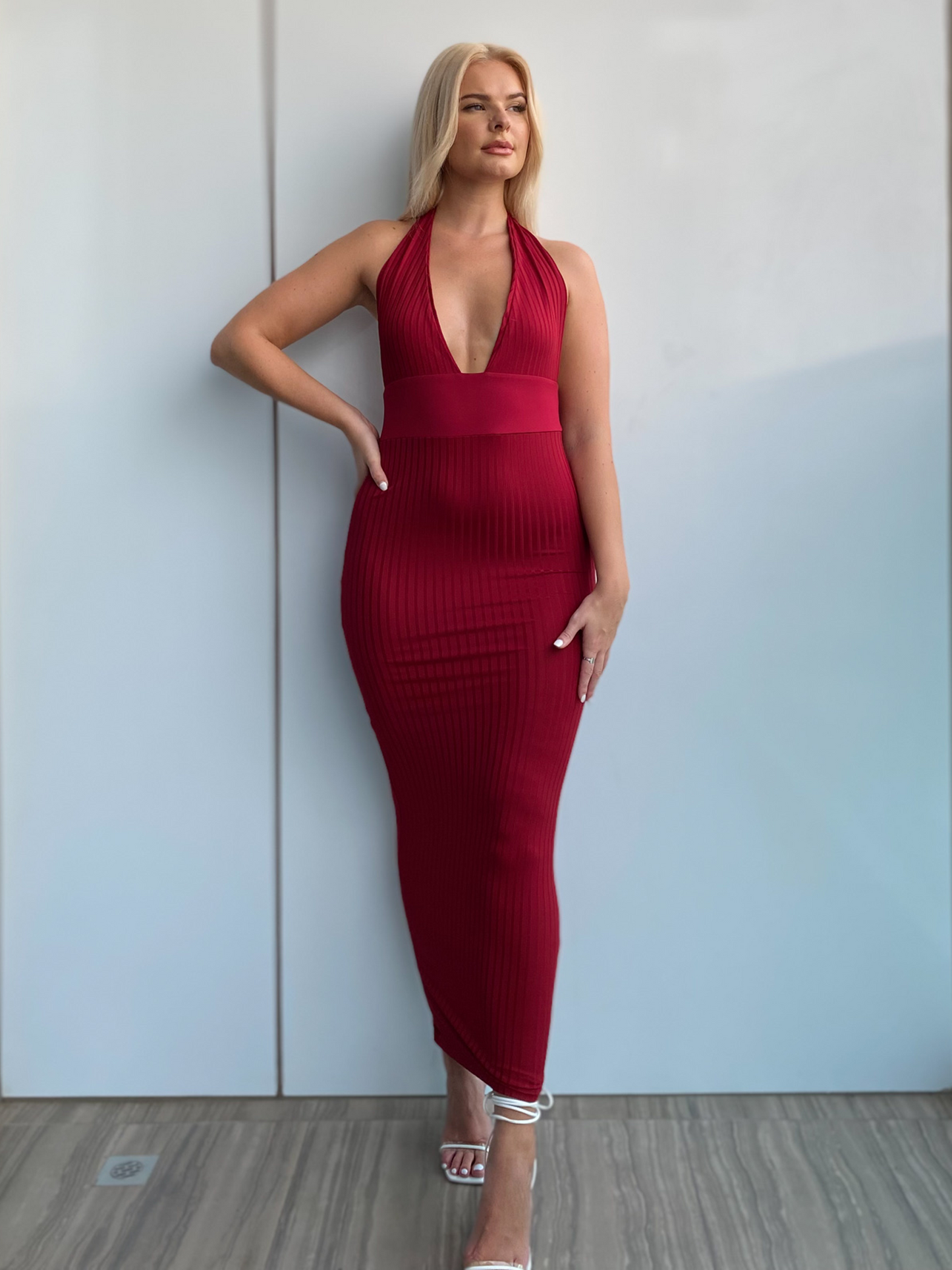 Burgundy Red Plunge Halterneck Ribbed Maxi Bodycon Dress