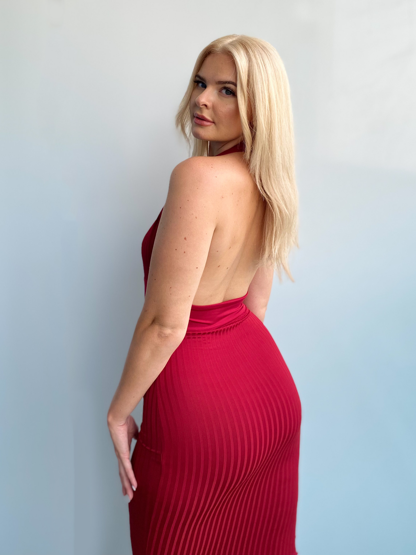 Burgundy Red Plunge Halterneck Ribbed Maxi Bodycon Dress