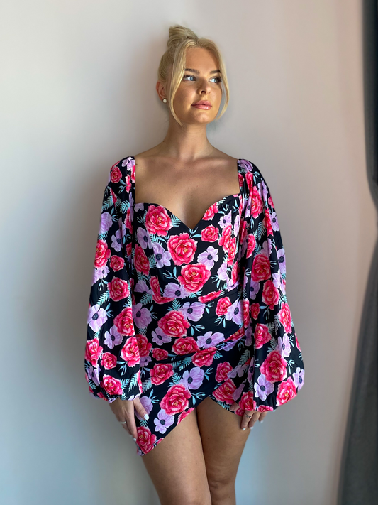 Floral Lantern Long Sleeve Wrap Front Mini Dress