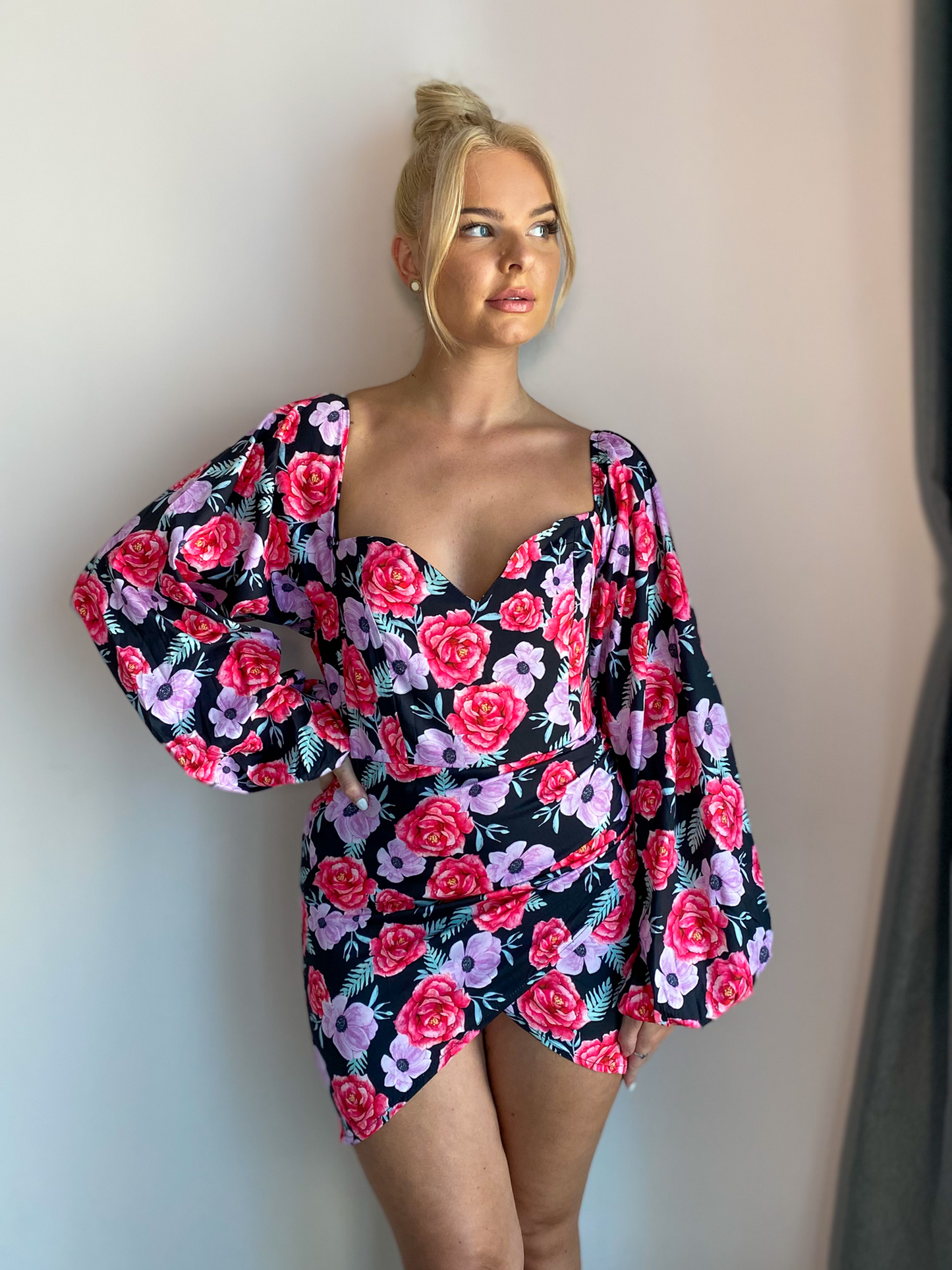 Floral Lantern Long Sleeve Wrap Front Mini Dress