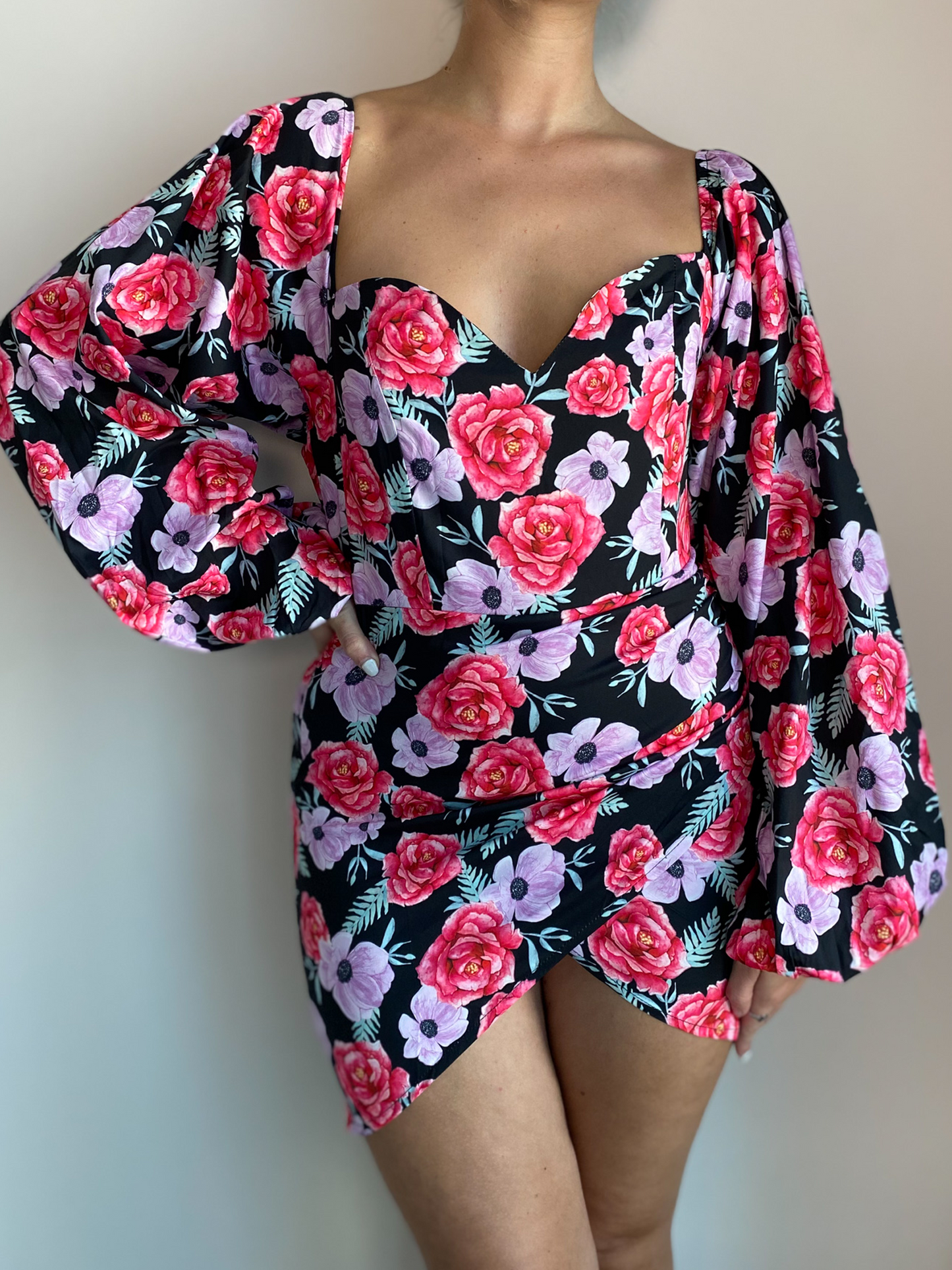 Floral Lantern Long Sleeve Wrap Front Mini Dress