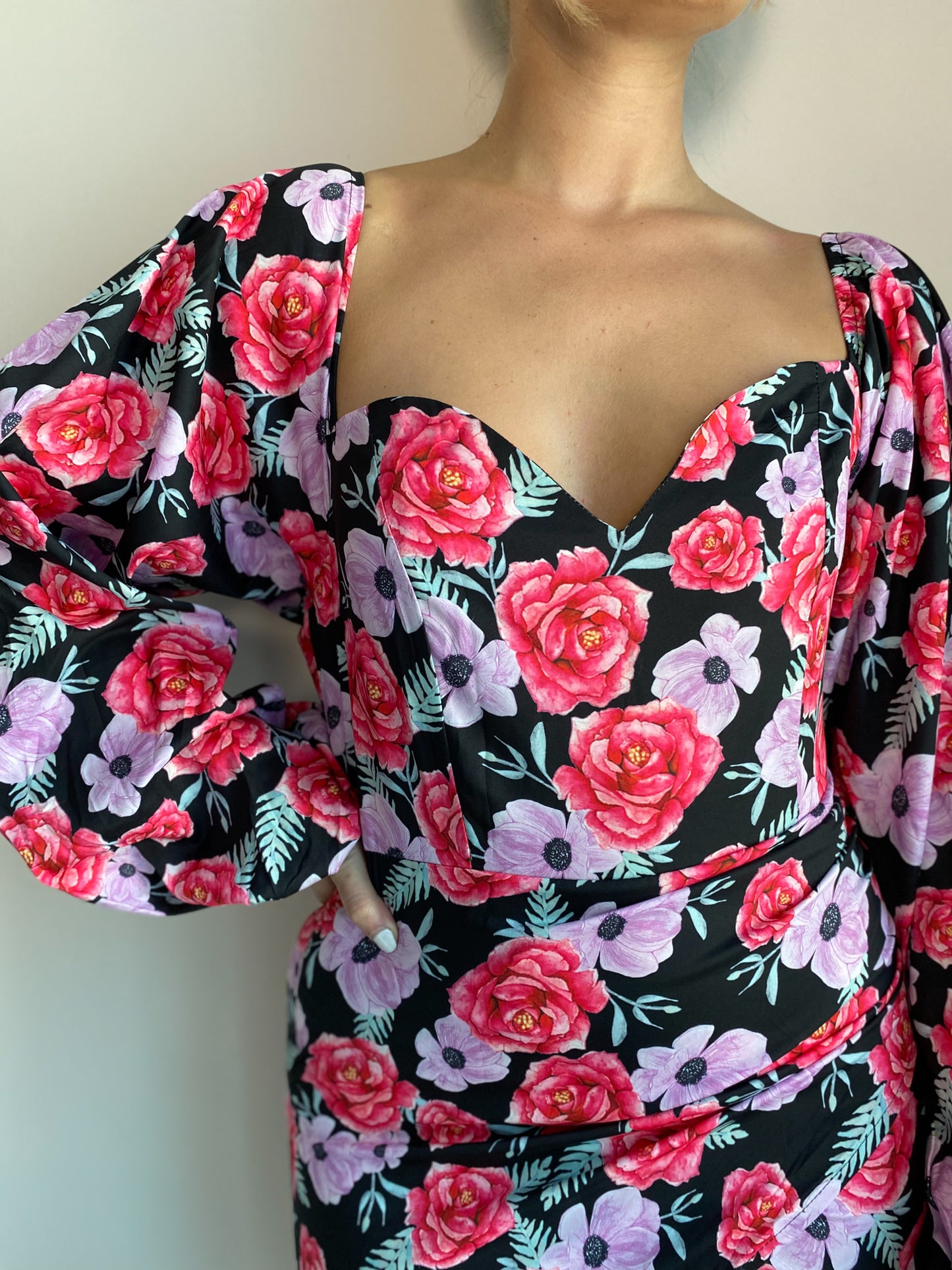 Floral Lantern Long Sleeve Wrap Front Mini Dress