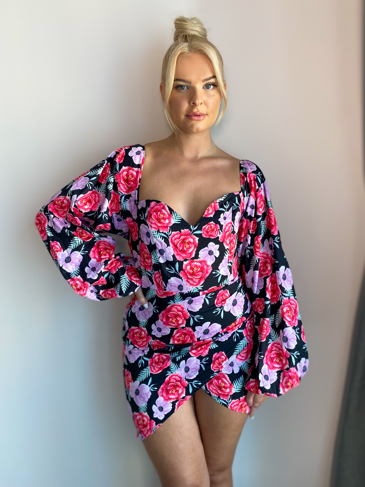 Floral Lantern Long Sleeve Wrap Front Mini Dress