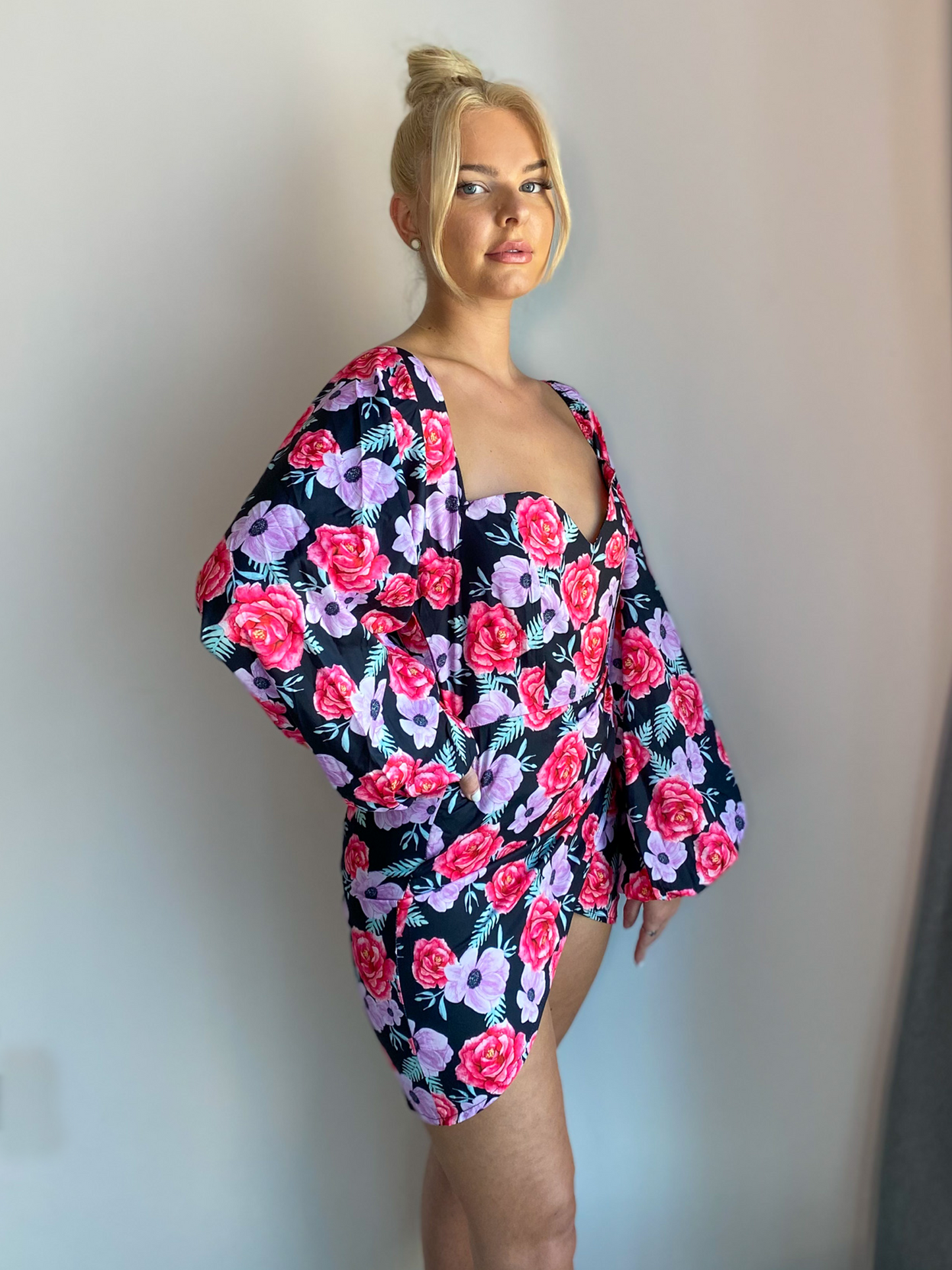 Floral Lantern Long Sleeve Wrap Front Mini Dress