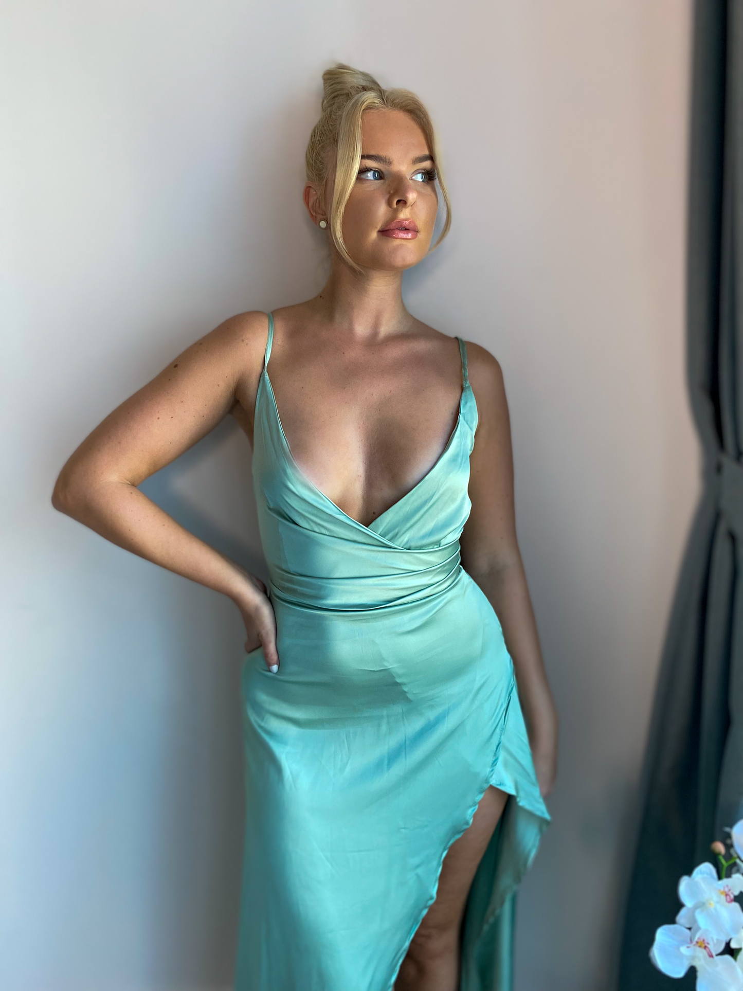 Mint Green Satin Thigh Slit Maxi Dress