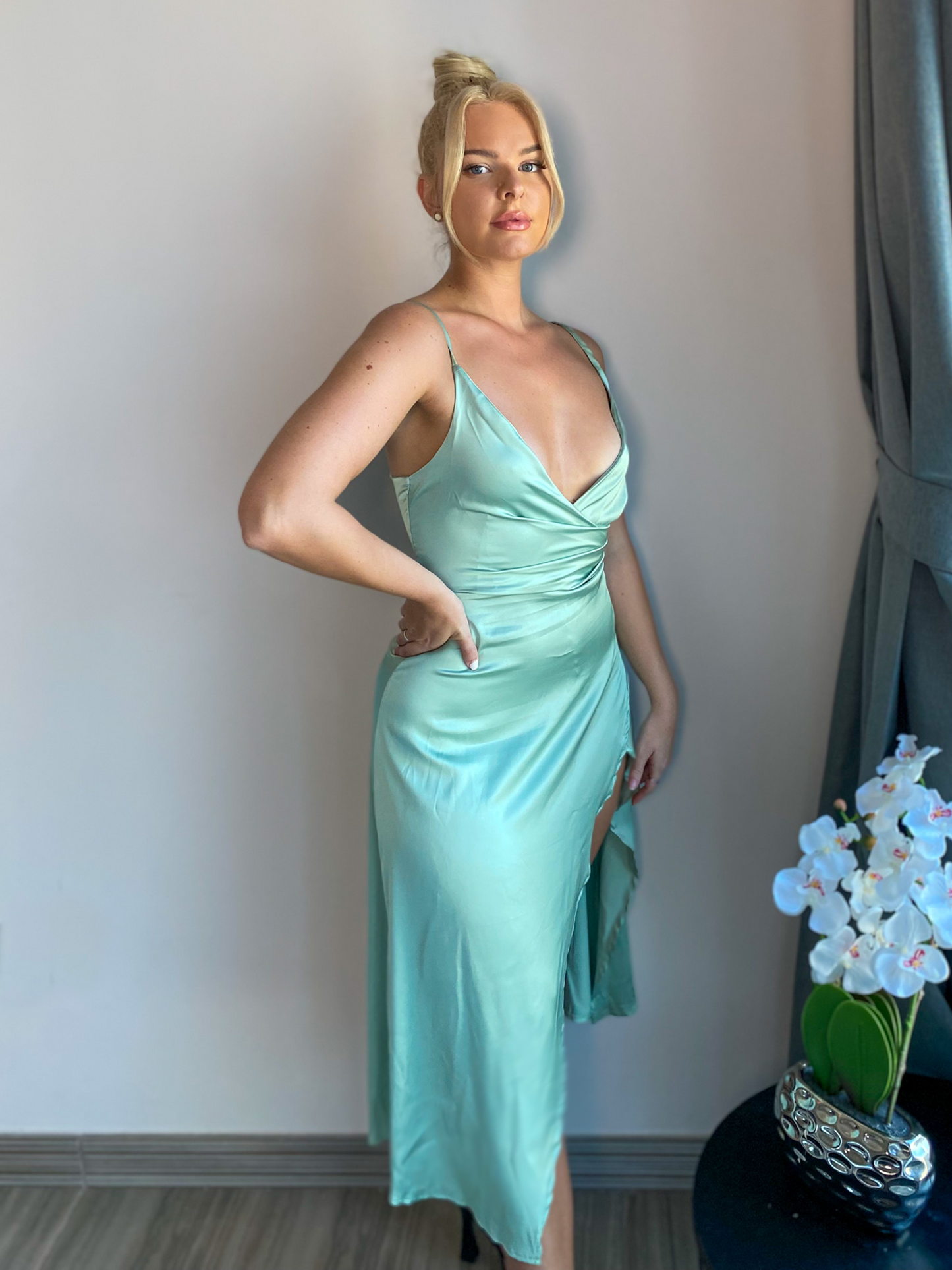 Mint Green Satin Thigh Slit Maxi Dress