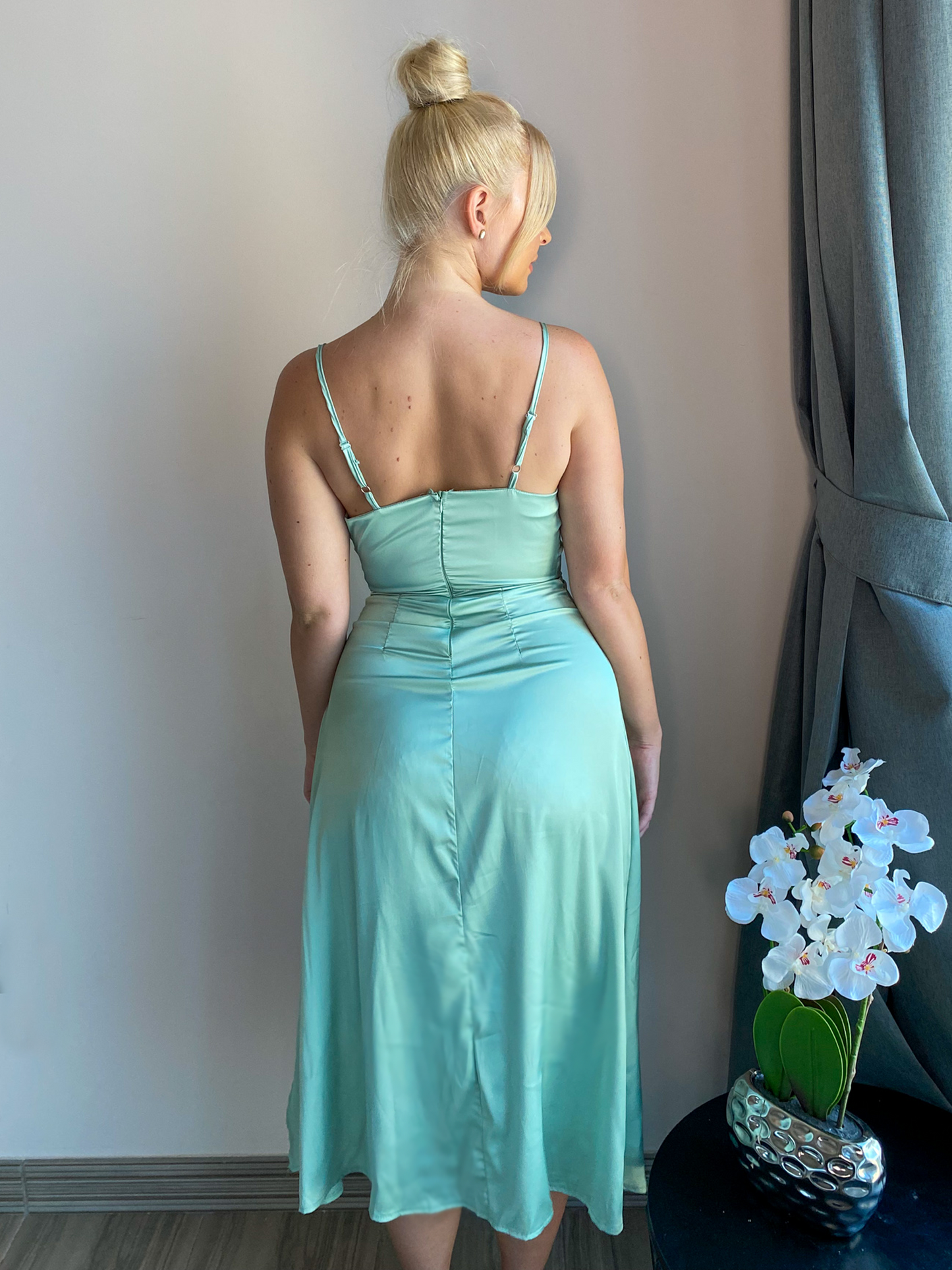 Mint Green Satin Thigh Slit Maxi Dress