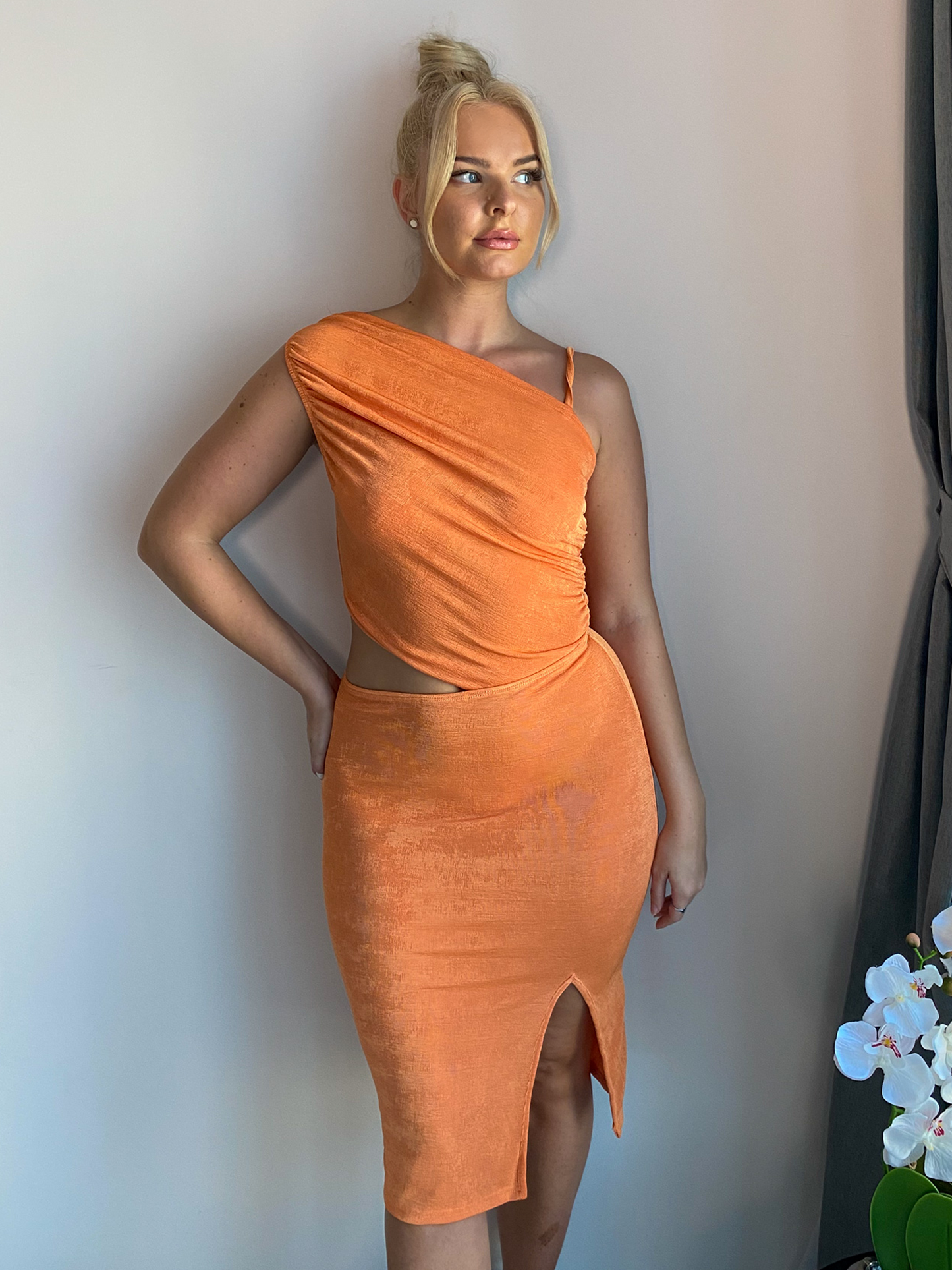 Orange One Shoulder Cutout Midi Dress