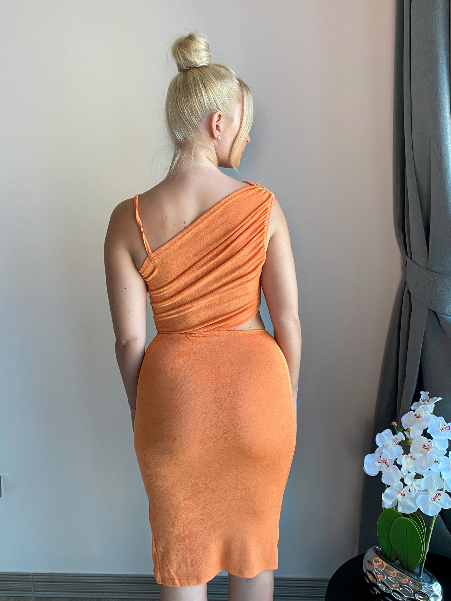 Orange One Shoulder Cutout Midi Dress