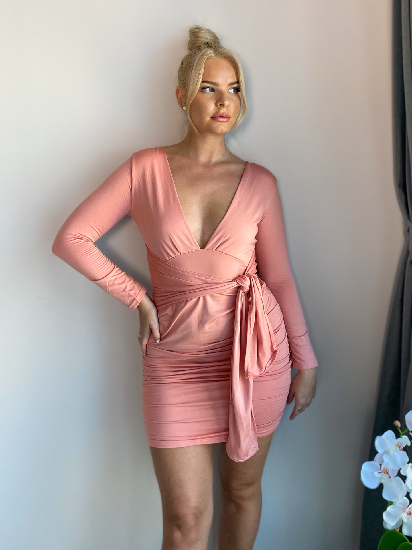 Pastel Pink Long Sleeve Front Wrap Tie Waist Mini Dress