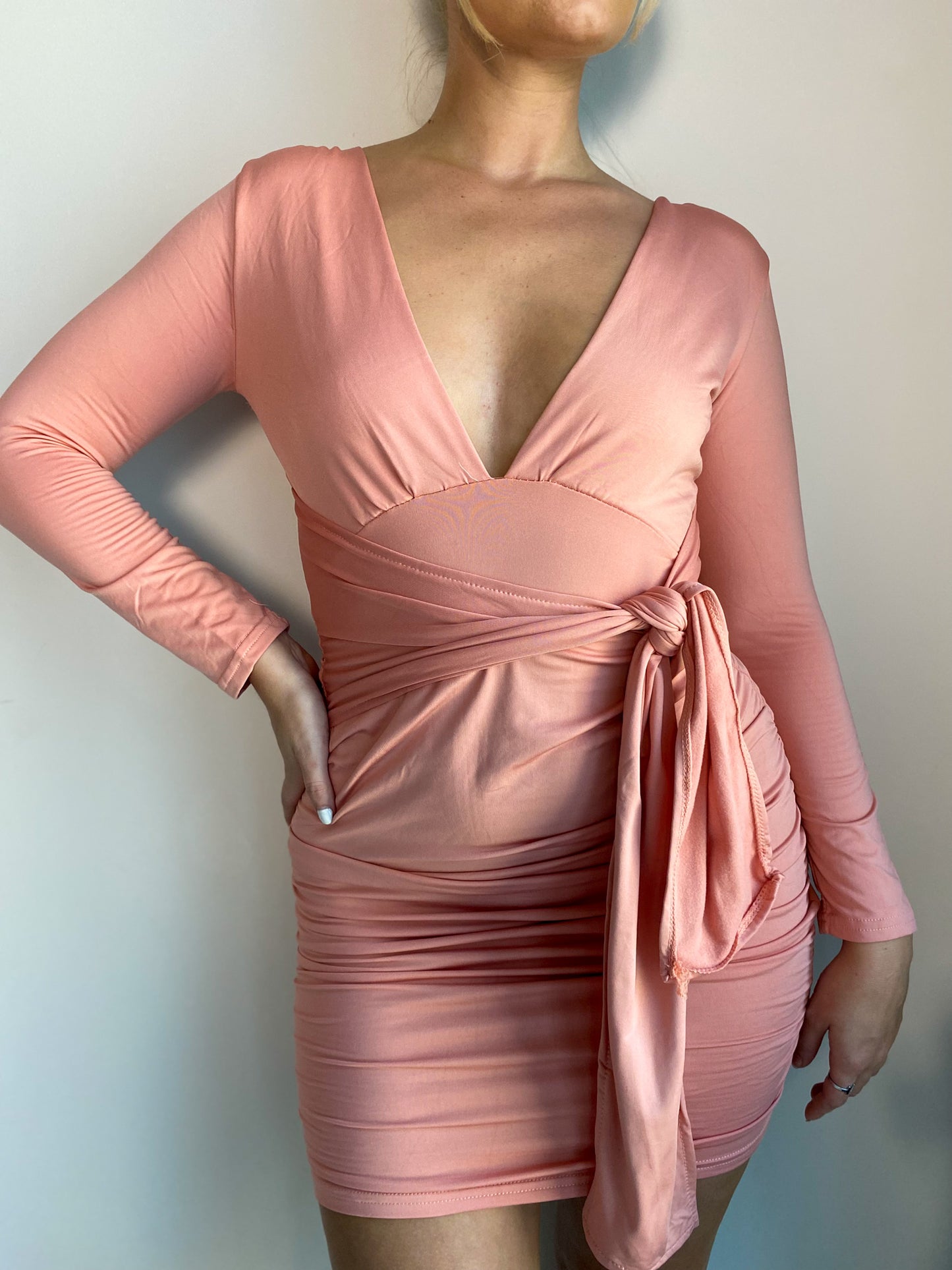 Pastel Pink Long Sleeve Front Wrap Tie Waist Mini Dress