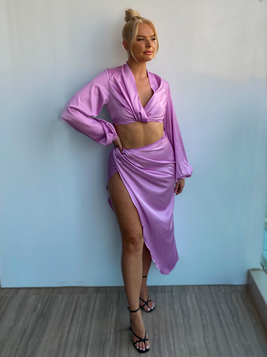 Pastel Purple Crop Lantern Sleeve Blouse & Thigh Slit Maxi Skirt Coord