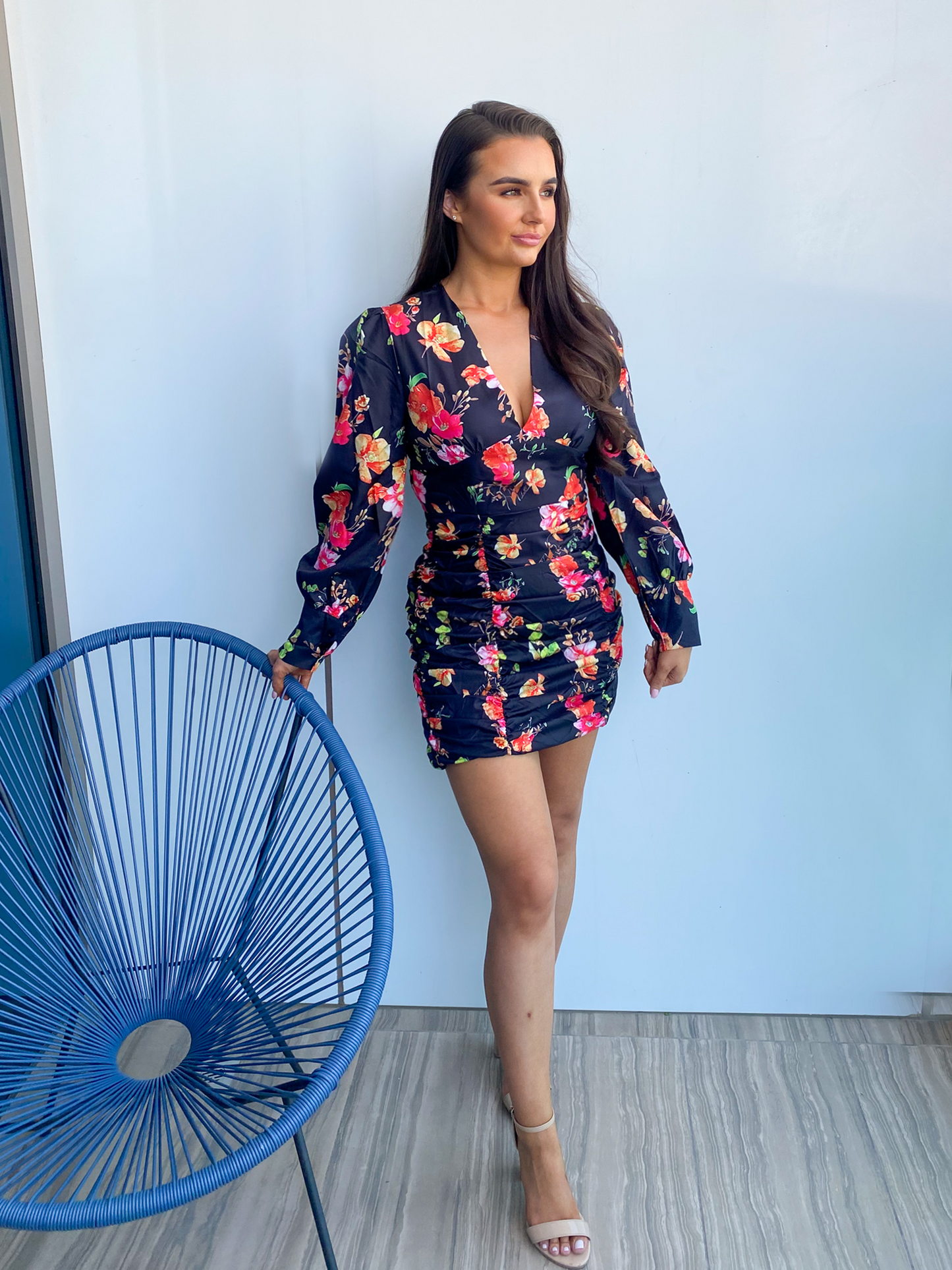 Black Floral Long Sleeve Mini Dress 