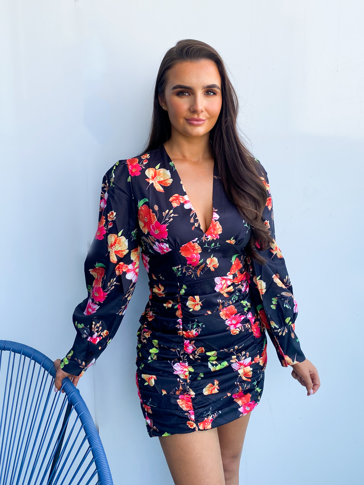 Black Floral Long Sleeve Mini Dress 