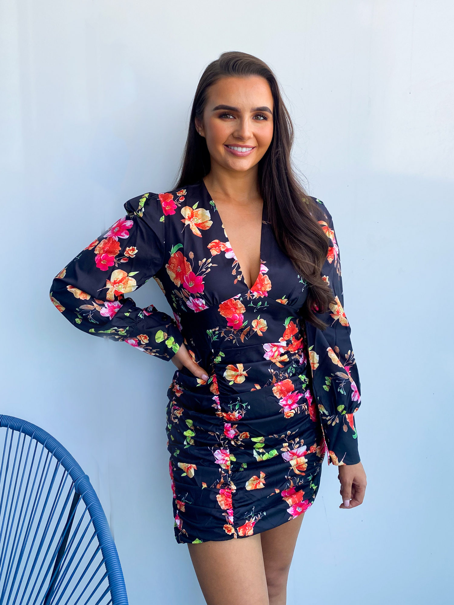 Black Floral Long Sleeve Mini Dress 