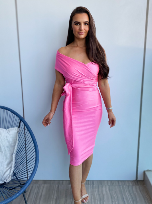 Hot Pink One Shoulder Tie Waist Bodycon Midi Dress