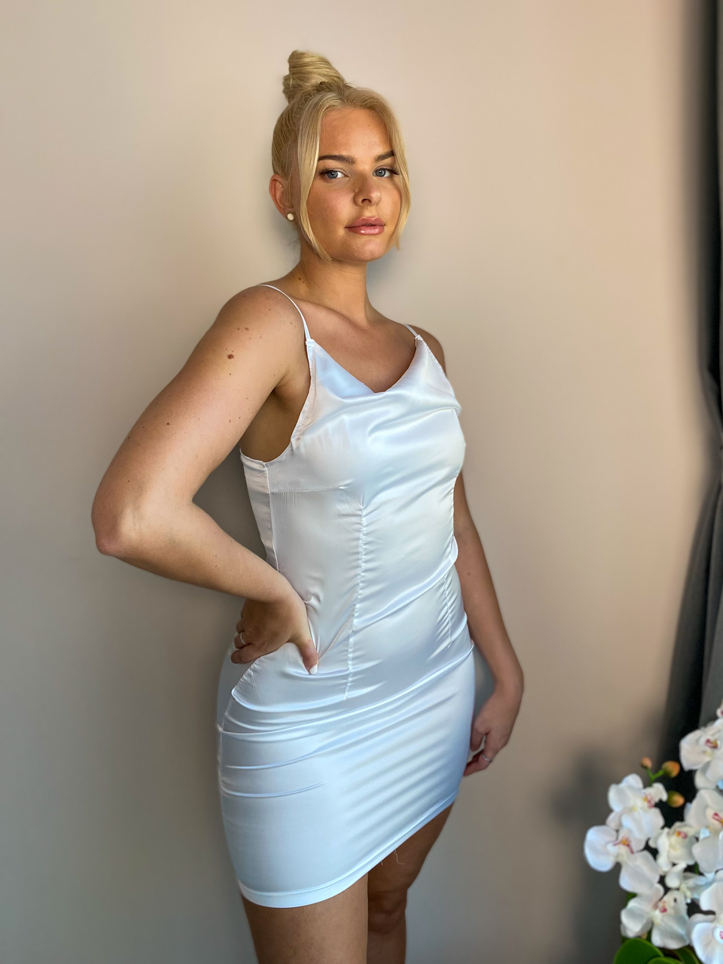 White Cowl Neck Spaghetti Straps Satin Mini Dress