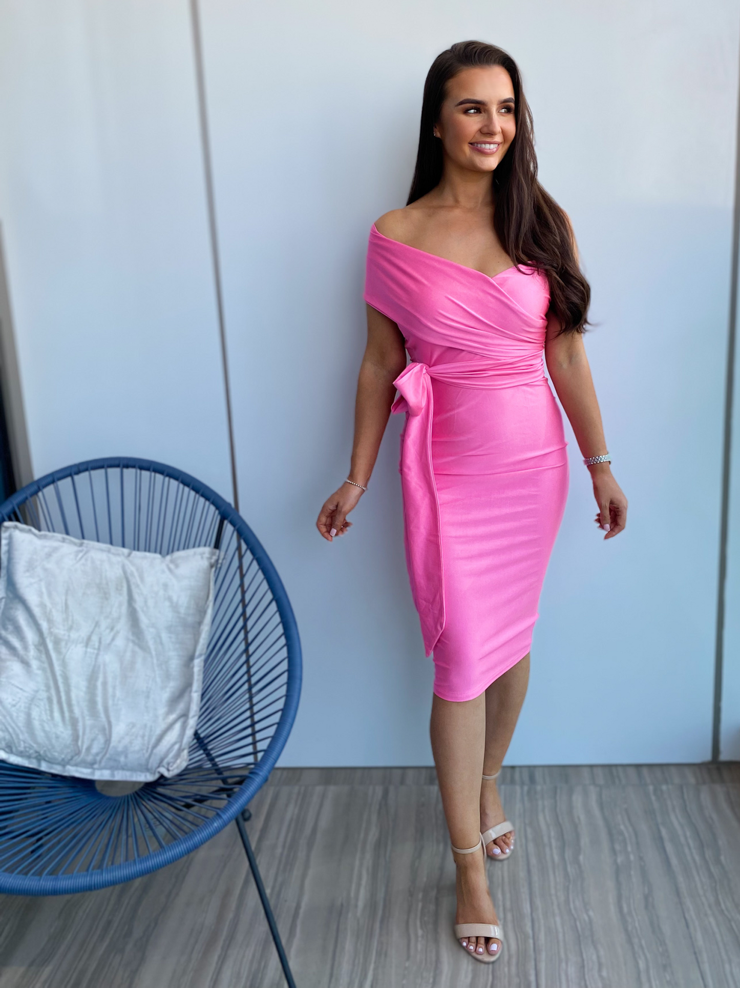 Hot Pink One Shoulder Tie Waist Bodycon Midi Dress